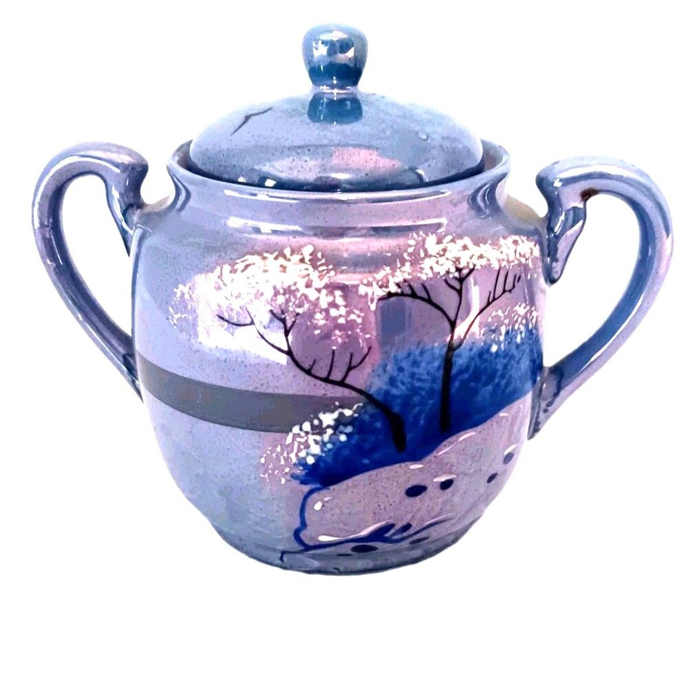Vintage RS Made in Japan Lusterware Sugar Bowl | Iridescent Blue Landscape Scene